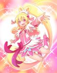  1girl :d aida_mana blonde_hair blush cure_heart dokidoki!_precure half_updo jumping long_hair mocio open_mouth outstretched_arms outstretched_hand pink_eyes ponytail precure smile solo sparkle spread_arms 