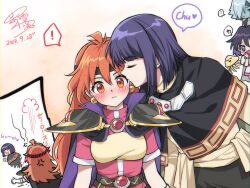  ! 2boys 2girls amelia_wil_tesla_seyruun anger_vein black_cape black_headband blue_eyes blush cape closed_eyes dated earrings gem grey_hair headband high_collar highres jewelry kiss lina_inverse multiple_boys multiple_girls orange_eyes orange_hair purple_hair red_gemstone red_shirt senki_xl shirt signature slayers xelloss yellow_shirt zelgadiss_graywords 