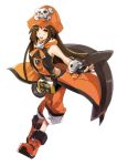 1girl anchor bare_shoulders belt boots brown_hair fingerless_gloves gloves guilty_gear guilty_gear_xrd hat long_hair may_(guilty_gear) orange_eyes pirate_hat shihage solo white_background 