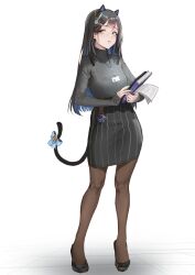  1girl absurdres animal_ears belt black_hair blue_eyes blue_hair book bow breasts cat_ears cat_paw cat_tail clock_hair_ornament colored_inner_animal_ears colored_inner_hair fake_animal_ears full_body heterochromia high_heels highres holding holding_book holding_paper hololive kroma_(ouro_kronii) long_hair looking_at_viewer multicolored_hair name_tag pantyhose paper pencil_skirt pinstripe_pattern pinstripe_skirt reference_sheet shadow simple_background skirt small_breasts solo sweatdrop sweater tail tail_bow tail_ornament tanukidraws white_background yellow_eyes 