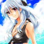  1girl alternate_hairstyle bikini breasts cleavage clouds dasuto dated front-tie_top large_breasts long_hair lyrical_nanoha mahou_shoujo_lyrical_nanoha mahou_shoujo_lyrical_nanoha_a&#039;s ponytail red_eyes reinforce silver_hair sky smile solo swimsuit water wet 