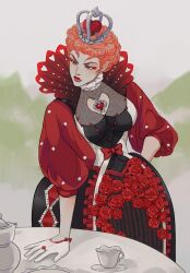  1girl alice_in_wonderland bow breasts clothing_cutout commentary_request crown cup eyeliner flower gloves half_gloves heart heart_cutout highres jewelry large_breasts long_hair makeup necklace orange_hair pendant puffy_sleeves queen_of_hearts_(alice_in_wonderland) red_bow red_eyeliner red_flower red_lips red_rose ring rose russian_commentary short_hair solo table teacup teapot vasiliy-plumber white_gloves 