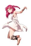  1girl akai_toshifumi ankle_lace-up barefoot breasts cross-laced_footwear feet long_hair looking_at_viewer magi_the_labyrinth_of_magic morgiana red_eyes redhead side_ponytail sideboob solo white_background 