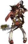  1boy boots brown_hair fingerless_gloves gloves guilty_gear guilty_gear_xrd headband long_hair muscle over_shoulder ponytail sol_badguy solo spiky_hair sword sword_over_shoulder weapon weapon_over_shoulder 