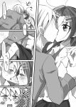  1boy 1girl arm_grab blush breasts chihaya_megumi cleavage collarbone comic hair_ornament hairclip ichimiya_taishi kiss long_hair lying monochrome ochi saliva saliva_trail servant_x_service translation_request unbuttoned 