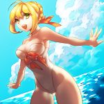  1girl ahoge blonde_hair bow breasts cleavage fate/extra fate_(series) green_eyes kin_mokusei one-piece_swimsuit saber_extra solo swimsuit 