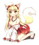  1girl ahoge animal_ears blonde_hair breasts cleavage fox_ears fox_tail hair_ribbon japanese_clothes jewelry kneeling necklace off_shoulder original red_eyes ribbon sandals sleeves_past_wrists smile solo tail vanilla_(shade) 