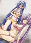  2girls bare_shoulders bikini blue_hair blush breasts brown_hair character_request glasses lavender_hair long_hair looking_at_viewer multiple_girls navel open_mouth side-tie_bikini swimsuit twintails very_long_hair yellow_eyes yohane 