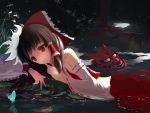  1girl bare_shoulders bow brown_hair butterfly detached_sleeves face_mask finger_to_mouth flower hair_bow hair_tubes hakurei_reimu long_sleeves mask myue_(snowmoonlight) night oni_mask red_eyes reflection shirt skirt skirt_set smile solo torii touhou water wide_sleeves 
