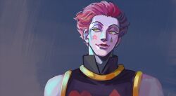  1boy commentary_request facial_mark hisoka_morow hunter_x_hunter looking_to_the_side male_focus pale_skin portrait red_hair russian_commentary sleeveless smile solo vasiliy-plumber yellow_eyes 