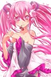  1girl bare_shoulders blush cherry detached_sleeves food fruit harine hatsune_miku interlocked_fingers long_hair mouth_hold petals pink_eyes pink_hair sakura_miku smile solo twintails very_long_hair vocaloid 