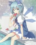  1girl blue_dress blue_eyes blue_hair bow cirno dress hair_bow ice ice_wings looking_at_viewer popsicle puffy_sleeves sakaue-nachi shirt short_sleeves sitting soaking_feet solo touhou watermelon_bar wings ⑨ 