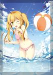  1girl azuki_azusa ball beachball bikini blonde_hair camera camera_frame cloud green_eyes hentai_ouji_to_warawanai_neko kantoku lac long_hair official_art partially_submerged pink_bikini sky solo splash splashing swimsuit twintails water wink 