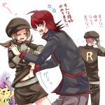  &lt;o&gt;_&lt;o&gt; 1girl 2boys blush brown_hair hat kotone_(pokemon) multiple_boys navel nicole_(usako) open_mouth pikachu pokemon pokemon_(creature) pokemon_(game) pokemon_hgss silver_(pokemon) skirt team_rocket tears twintails undressing 