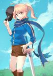 1girl ahoge azu baseball_cap blonde_hair boots clouds excalibur fate/stay_night fate_(series) green_eyes hand_on_hip hat hat_removed headwear_removed heroine_x highres long_hair rojiura_satsuki:_capter_heroine_sanctuary saber scarf shorts sky solo sword track_jacket weapon 