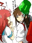  /\/\/\ 2girls abe_ranzu ahoge akagi_(kantai_collection) bandage_on_face brown_hair bucket bucket_on_head kantai_collection kuma_(kantai_collection) long_hair multiple_girls object_on_head redhead simple_background translation_request white_background 