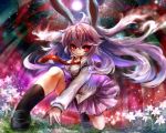  1girl animal_ears bamboo bamboo_forest breasts dress_shirt expressionless fireflies fisheye flower forest full_moon gobou_(gbu) grass kneeling long_hair long_sleeves looking_at_viewer moon motion_blur nature necktie night outdoors pleated_skirt purple_hair rabbit_ears red_eyes reisen_udongein_inaba shirt shoes skirt socks solo touhou 