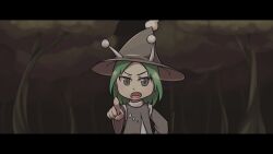  1other amanomori_shou androgynous angry anime_coloring antennae autumn black_border border brown_eyes brown_hat brown_sleeves brown_vest commentary_request detached_sleeves fake_screenshot forest frown furrowed_brow green_hair hand_on_own_hip hat layered_sleeves len&#039;en letterboxed light_blush long_hair long_sleeves nature open_mouth other_focus pointing pointing_at_viewer shirt solo teeth turtleneck turtleneck_shirt upper_body upper_teeth_only v-shaped_eyebrows vest white_shirt wide_sleeves yuejiao_tuan 