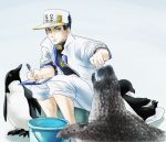  1boy bird black_hair blue_eyes feeding hat jojo_no_kimyou_na_bouken ki61 kuujou_joutarou lowres penguin seal_(seal1102) solo 