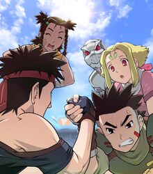  2boys 2girls arm_wrestling bangs black_eyes black_hair blade_liger blonde_hair blue_sky braid brown_hair clenched_teeth clouds dark_skin facial_mark fingerless_gloves fiona_(zoids) forehead_mark gloves hands_on_hips headband irvine leaning_forward looking_down mecha moonbay multiple_boys multiple_girls open_mouth quad_tails sky sweat twin_braids ueyama_michirou van_flyheight zeke_(zoids) zoids zoids_chaotic_century 