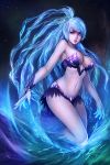  1girl blue_eyes blue_hair breasts chaosringen cleavage highres large_breasts long_hair midriff navel original water 