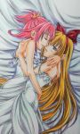  2girls aida_mana alternate_costume bare_shoulders blonde_hair blue_eyes blush closed_eyes couple dokidoki!_precure dress graphite_(medium) hairband half_updo hug long_hair lying marker_(medium) multiple_girls niitaka-yama-nobore on_side pink_hair precure red_ribbon regina_(dokidoki!_precure) ribbon short_hair sleeveless smile traditional_media white_dress yuri 