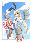  &gt;_&lt; 1girl :3 anchor blonde_hair green_eyes hairband highres innertube kantai_collection long_hair machinery navel personification rensouhou-chan shimakaze_(kantai_collection) striped striped_legwear thighhighs turret vesa31 