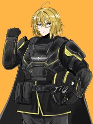  absurdres aged_up armor before_and_after black_armor blonde_hair blue_eyes chickenartist highres salute scar scar_on_face seaf_soldier_(helldivers) super_earth_salute_(helldivers) 