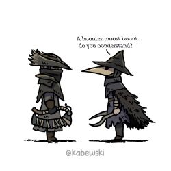  1girl 1other ambiguous_gender black_gloves bloodborne brown_hair brown_hat dual_wielding eileen_the_crow english_text from_side gloves hat highres holding holding_weapon hunter_(bloodborne) kabewski mask mouth_mask plague_doctor_mask saw saw_cleaver short_hair simple_background standing weapon white_background 