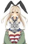  1girl blonde_hair brown_eyes cushion elbow_gloves gloves hairband haru_mari kantai_collection long_hair personification rensouhou-chan shimakaze_(kantai_collection) smile solo striped striped_legwear thighhighs 