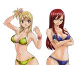  2girls absurdres arm_up bare_shoulders bikini blonde_hair blue_bikini breasts brown_eyes cleavage crossed_arms erza_scarlet fairy_tail green_bikini highres huge_filesize large_breasts long_hair lucy_heartfilia mashima_hiro multiple_girls navel one_side_up print_bikini redhead scan simple_background smile swimsuit wristband 