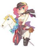  bow breasts cap character_request cleavage corset flower gloves green_eyes horse long_hair original pink_hair redhead ribbon riding scarf simple_background solo sparkle taruk thigh_boots thighhighs wing 