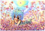  barefoot blue_hair blush brown_eyes clover emperpep feet flower lying on_stomach open_mouth outside soles solo toes traditional_media watercolor_(medium) 