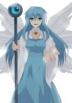  blue_eyes blue_hair highres multiple_wings ribbon sariel seraph solo staff touhou touhou_(pc-98) wings 