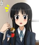  =_= akiyama_mio blazer blush food fruit highres holding holding_fruit k-on! minigirl multiple_girls sakuya_so school_uniform strawberry tainaka_ritsu 