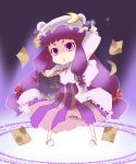  book crescent flying_paper hat long_hair paper patchouli_knowledge purple_eyes purple_hair solo sukehiro touhou violet_eyes 