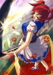  boat breasts dutch_angle flower hair_bobbles hair_ornament hands large_breasts lens_flare manabu_adachi onozuka_komachi red_eyes red_hair redhead scythe short_hair solo spider_lily sunrise touhou twintails water 