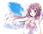  bare_shoulders blue_vert bust hair_ornament hairclip long_hair looking_at_viewer open_mouth original outstretched_arm purple_hair sky smile solo strap_slip 