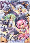  3girls :3 ahoge animal_ears bell blush brown_eyes bunny_ears cat_ears cat_tail emperpep halloween hat jack-o'-lantern jack-o-lantern jingle_bell long_hair multiple_girls open_mouth pink_hair pumpkin rabbit_ears silver_hair tail thigh-highs thighhighs traditional_media watercolor_(medium) witch 