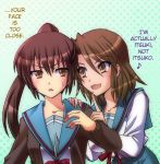  2girls blush genderswap school_uniform smile suzumiya_haruhi_no_yuuutsu translated 