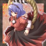  blue_hair hair_ornament hairband jewelry leaf long_skirt maple_leaf mirror necklace purple_hair red_eyes rope shimenawa shirt short_hair skirt smile smirk solo touhou yasaka_kanako yoshi_tama 