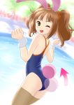  animal_ears brown_hair bunny_ears bunny_tail child directional_arrow flat_chest green_eyes idolmaster loli one-piece_swimsuit ponnetsu rabbit_ears solo swimsuit tail takatsuki_yayoi thighhighs twintails wink wrist_cuffs 