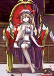  barefoot bat_wings beatrice blonde_hair blood bloomers crossover empty_eyes eva_beatrice feet flandre_scarlet flat_chest frame hat highres hikarumiao jewelry legs ponytail portrait_(object) red_eyes short_hair side_ponytail touhou umineko_no_naku_koro_ni wings 