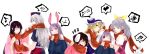  animal_ears black_hair bunny bunny_ears closed_eyes hat highres houraisan_kaguya inaba_tewi long_image mosuke rabbit_ears reisen reisen_udongein_inaba ribbon scarf shared_scarf silver_hair touhou watatsuki_no_toyohime watatsuki_no_yorihime wide_image yagokoro_eirin 