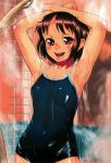  arms_behind_head arms_up brown_eyes brown_hair highres one-piece_swimsuit original school_swimsuit shadow shima_taka shiny shiny_clothes shiny_skin short_hair shower solo swimsuit wet 