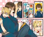  ! !? /\/\/\ ?! america_(hetalia) axis_powers_hetalia belt blonde_hair blue_eyes blue_jeans brown_eyes brown_hair cat_ears comic glasses hug japan_(hetalia) jeans nekomimi raglan_sleeves sweatdrop tears 