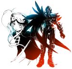  armor blue catlqe feathers full_armor goggles gradient helmet high_contrast jacket karas long_hair monochrome otoha_(karas) red simple_background skirt twintails white_background wings yurine_(karas) zipper 