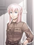  blue_eyes gloves jacket megurine_luka military military_uniform pink_hair ponytail sleeves_rolled_up smile solo taichi17 uniform vocaloid watari_taichi 