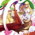  dress flower from_above glass grand_piano green_eyes instrument long_hair looking_up music_box piano see-through sheet_music sitting tohru_k 