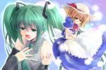 apron artist_request blonde_hair bow crossover detached_sleeves green_eyes green_hair hat hatsune_miku headphones kana_anaberal multiple_girls necktie singing source_request touhou touhou_(pc-98) twintails vocaloid yellow_eyes 